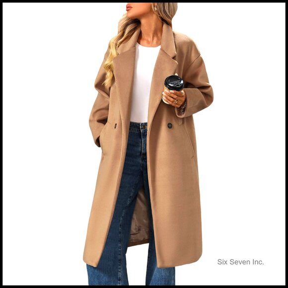 Wool Blend Peacoat Double Breasted Notch Lapel Oversized Long Coat